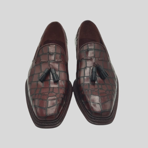 Paul Parkman Brown Crocodile Embossed Calfskin Tassel Loafer