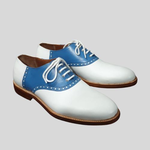 Handmade Men,s Oxford Two Tone shoes, Men White Blue Dress Office Cap Toe