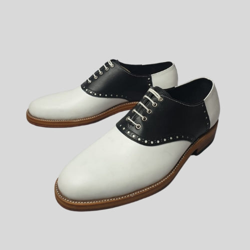 Men's Handmade Two Tone Leather Shoe, Men's Black & White Oxford Brogue Lace Up Dress Shoes